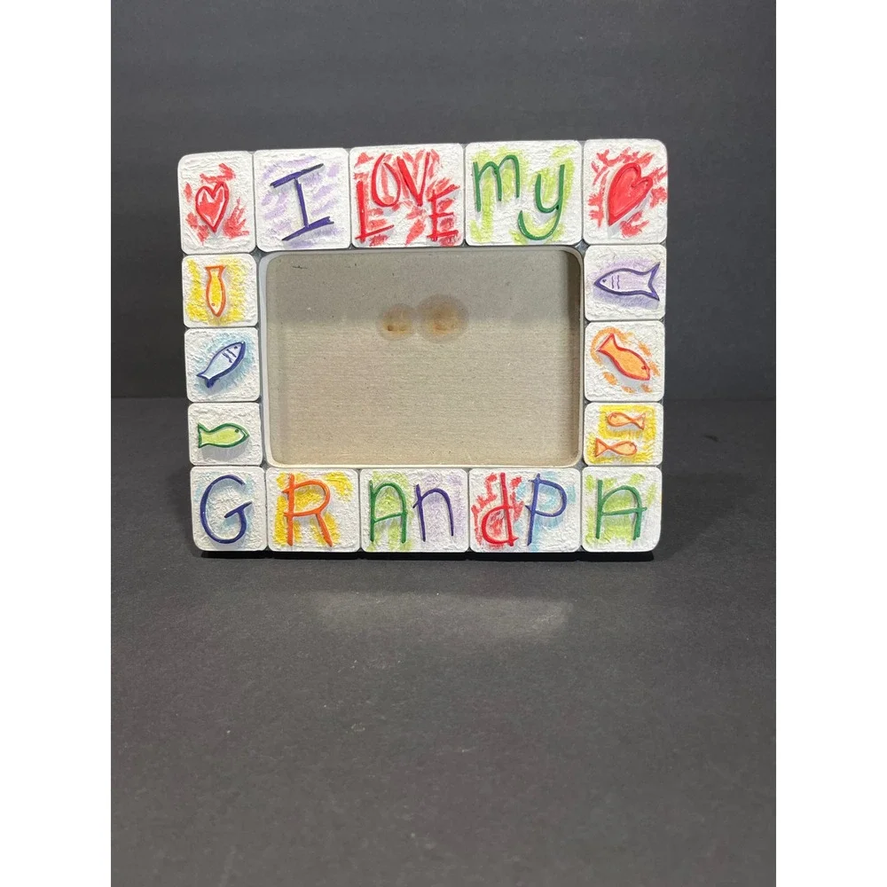 I Love My Grandpa Ceramic Picture Frame 4x6 Colorful Fish Crayon Design Tabletop